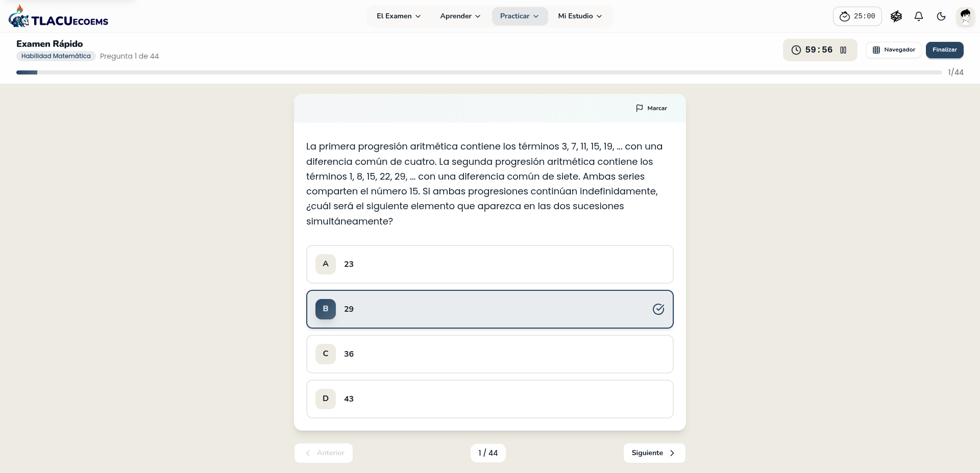 Captura de pantalla de la interfaz del examen en TLACU