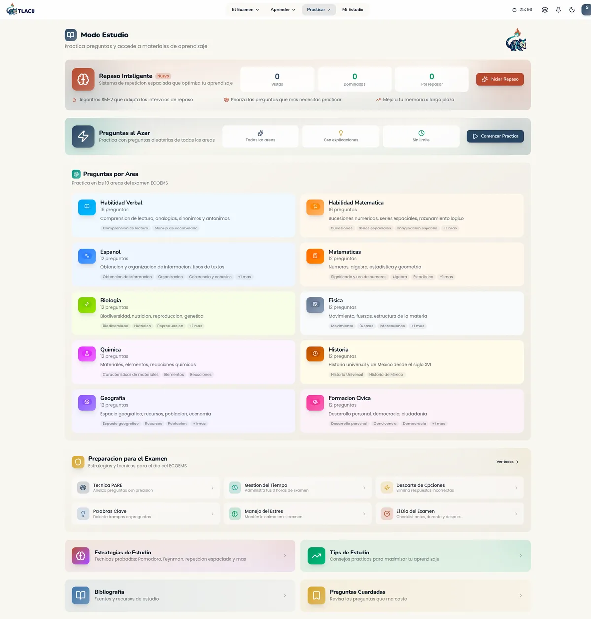Modo estudio de TLACU mostrando preguntas con explicaciones