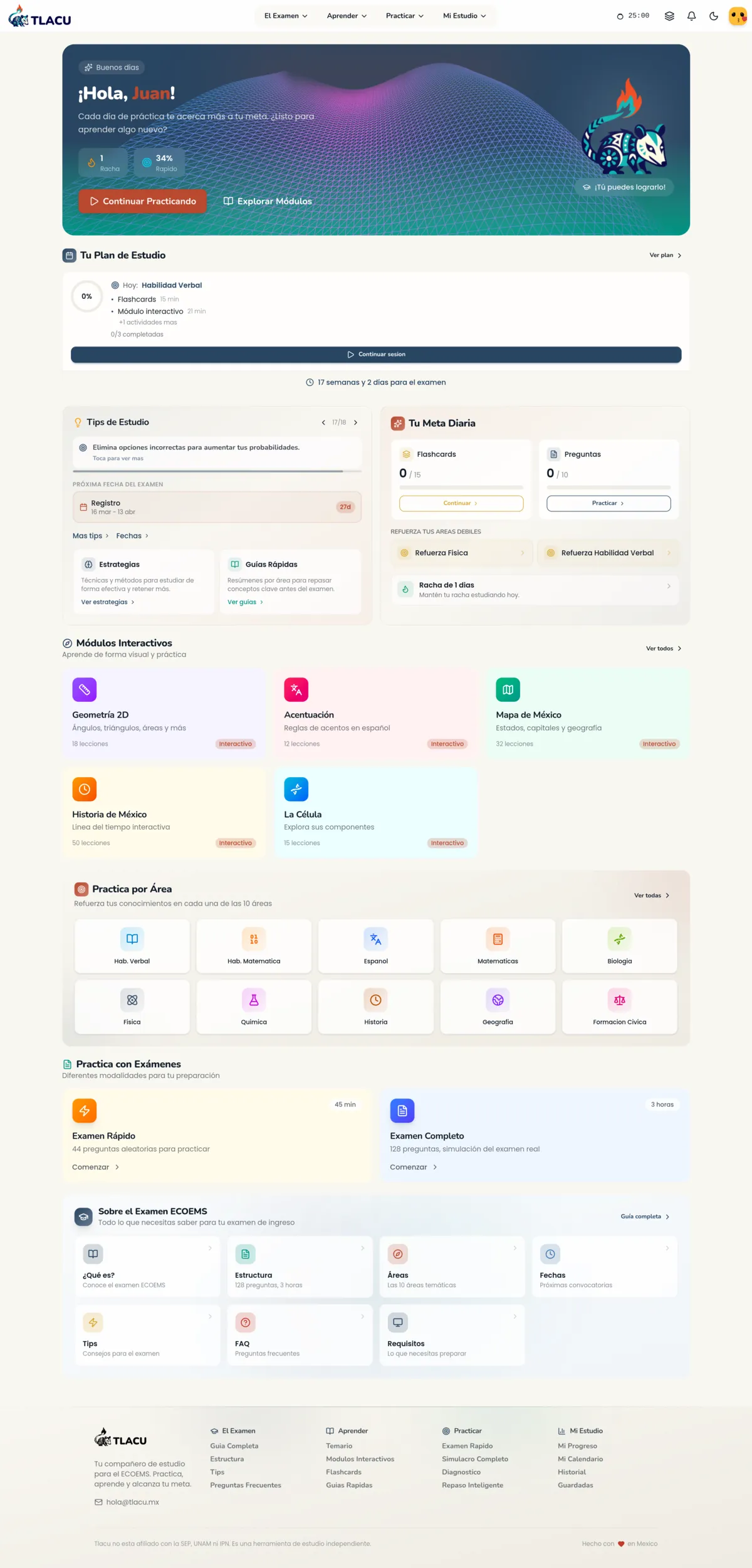 Dashboard principal de TLACU en escritorio