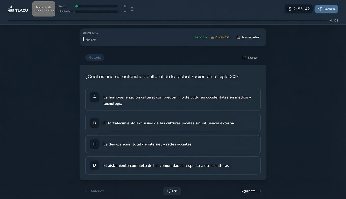 Vista del simulador TLACU con monitoreo de cámara activo durante el examen